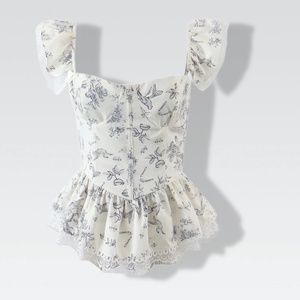 Sketchwork Floral Print Ruffled Bustier Top